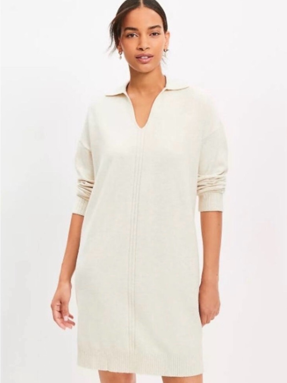 LOFT Neutral Beige Collared V-Neck Long Sleeve Knit Dress